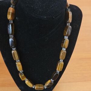 Tiger Eye Beaded Necklace - Brown And Silvertone